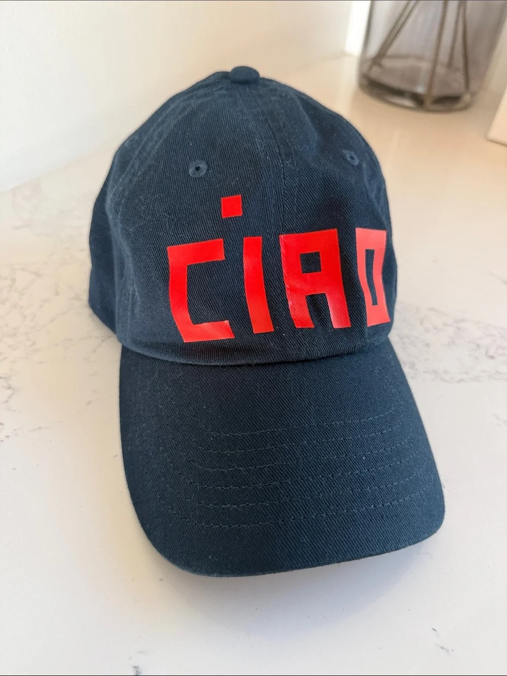 Clare V. Ciao Baseball Cap red block letters navy cotton canvas